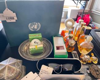 Vtg. United Nations Stamp & Medal Book, Oakley Sunglasses, Perfume Bottles