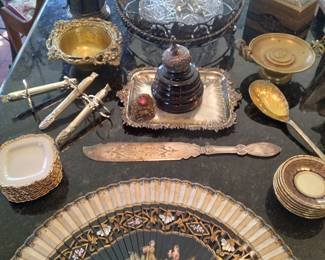 Silverplate limoges antique hand painted fan crystal grand tour items