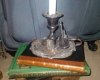 Siverplate chamber stick w match box and antique books