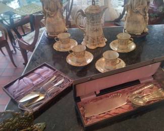 Nippon, antique boxed silverplate servers in boxes, carved asian figural statues