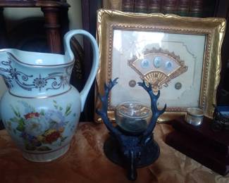 Limoges, silverplate stag inkwell, books, hand painted framed porcalian plaques in fan frame