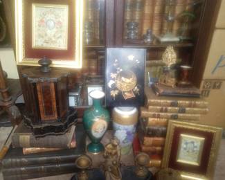 Books cigar spinner rack jeweled vanity items limoges antique inkwells Bavaria vintage needpiont victorian framed silks Japanese ledger++++