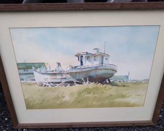 Vintage watercolor under glass w mid century frame