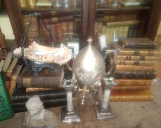 Marble bust, silverplate marble candle sticks, figural samavor, brides basket