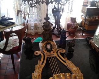 Candleabrum, gilded wood florentine wall decoration, grand tour items, antique asain cliosene butterfly teapot