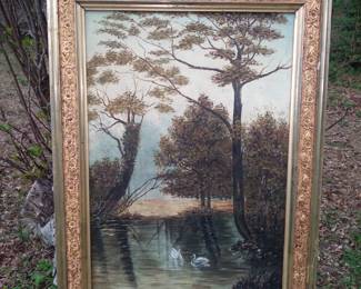 Antique victorian signed oil on canvas in gilded frame swans