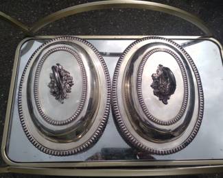 2 covered serving dishes heavy quadrupple plate