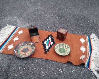 Heavy quality Indian woven rug baskets camera snd wood items