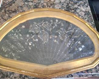 Framed antique beaded victorian morning fan in florentine frame