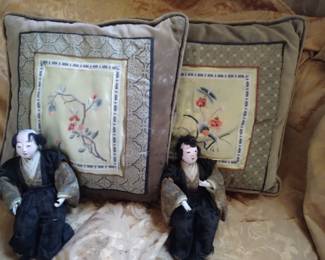 Asain antique dolls and pillows
