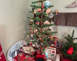 Christmas linens and ornaments, Feather tree NOT FOR SALE