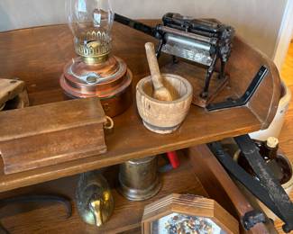 lantern, mortar and pestle