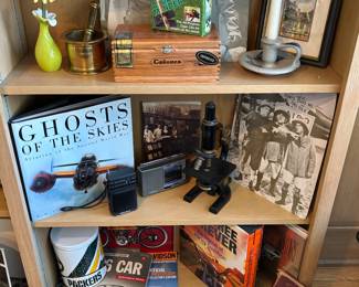 Vintage microscope, 3 stooges art, Harley book sets