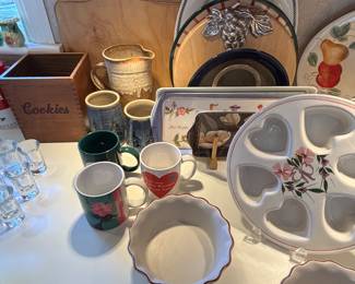Cutting boards, serving pieces and mugs
