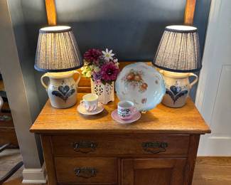 Dry sink and Rowe pottery lamps