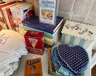 Hot pads and vintage finds in box