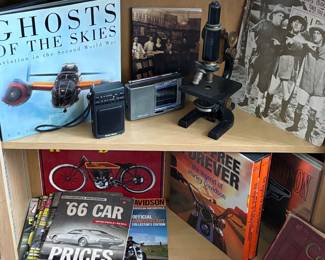 Vintage microscope, Three stooges prints, Harley Davidson coffee table books, vintage car books