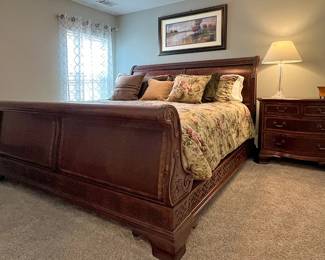 King Size Bed Room Suite.  Includes Bed and Mattress Set, 2 Side Tables/Chest and Dresser with Mirror.  $1300