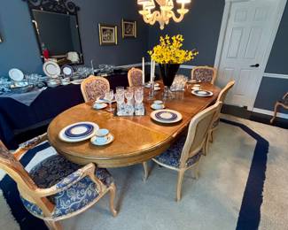 Dining room set with 8 chairs, two leaves and table pads, Faberge Agatha and Athena china, Waterford crystal, Nambe, Schott Zwiesel crystal and Limoge