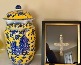 Chinoiserie urn and framed Jay Strongwater