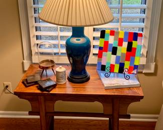 Accent table, table lamp with silk shade and checkerboard art glass