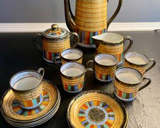 A "Thousand Faces" tea set, a traditional Japanese design, likely dating from the early 20th century. It's characterized by intricate, hand painted patterns featuring numerous tiny faces, thought to have Buddhist origins. Highly sought after!