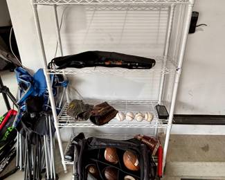 Wire shelving unit, footballs and sport ball tote