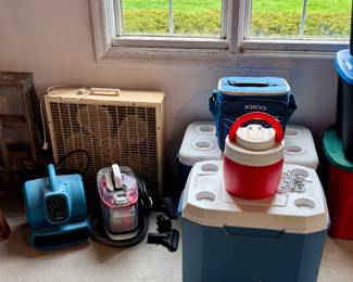 blower fan, coolers and thermos