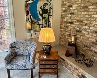 Joan Miro art , occasional chair, accent table and lamp