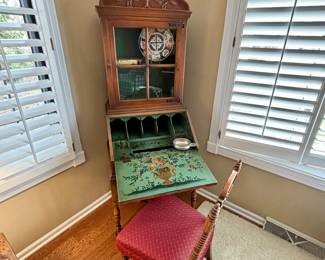 Secretary with amazing wood carved detail and matching chair