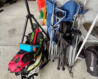 Folding camp chairs and tennis bags
