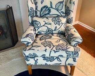 Wing chair with beautiful upholstered crewel type fabric