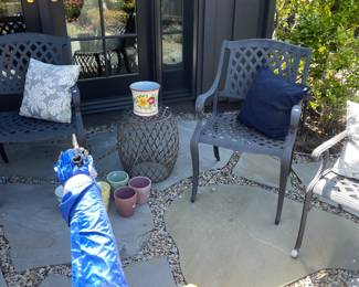 Very charming powder coated patio set of 2 chairs and a bench