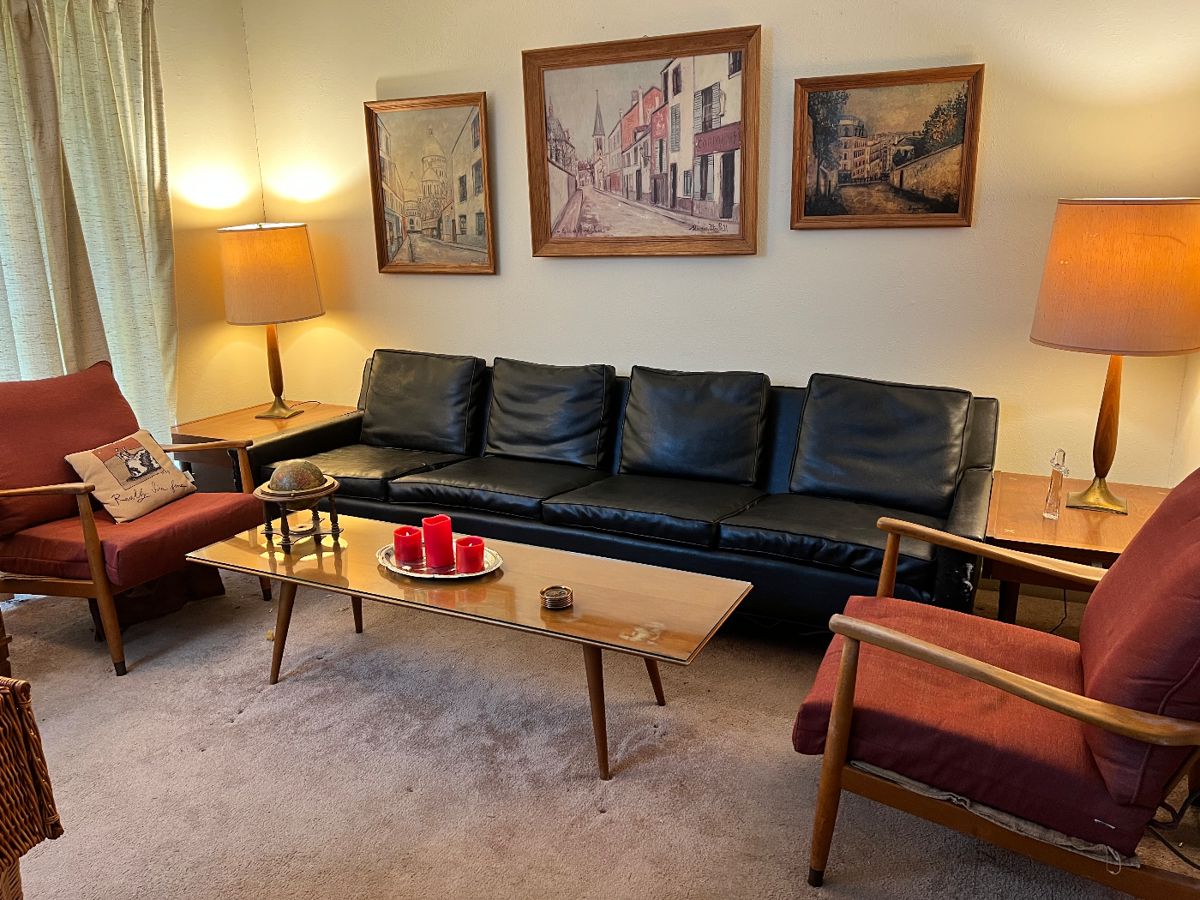 MCM - Thayer Coggin Couch
   Designed by Milo Baughman
Swedish Folk Ohlsson Dux Lounge Chairs
Paul McCobb Long Coffee Table

