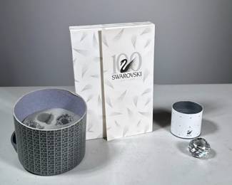 (6pc) SILVER PLATE ITEMS | Including a set of crystal candle / tea light holders [only 5 of 6 are present], and with a small faceted crystal; with boxes and paperwork. - h. 1.5 in

