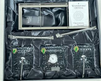 [nib] Waterford Crystal Desk Set | Three piece desk set, comprising two pens and stands and a central quartz clock. - h. 13 x w. 14 in (Box)

