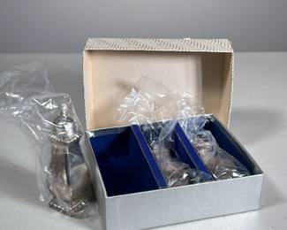 [NIB] KINGS COURT SILVER PLATE SALT & PEPPER SHAKERS | Lot of 3 Kings Court silver plate salt & pepper shakers. - h. 4.5 x w. 1.25 x l. 1.25 in (shaker)


