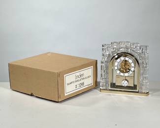 [NIB] LINDEN QUARTZ SKELETON CLOCK | New in box Linden crystal cased quartz skeleton clock. - h. 10.26 x w. 9 x d. 4 in (box)



