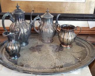 Antique silver plated tea set and tray