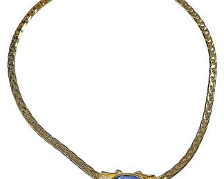 Gold Tone Choker w Bright Blue Stone