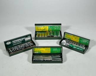 (4pc) [NIB] S-K TOOLS SOCKET SETS | Each in a green enameled box, including three metric sets. 

