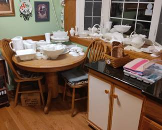 Milk glass, kitchen table/chairs, rolling kitchen island, farmhouse wall decor