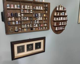 antique printers box, thimble collection 