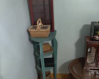 glass display case, vintage side table plant stand 