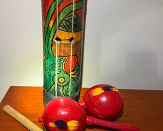 Wooden drum and maracas from Mexico