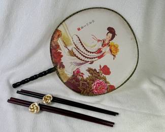 Chinese silk paddle fan and chopsticks