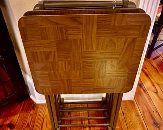 here is the second set of tv trays, these are a darker finish and have a faux parquet top