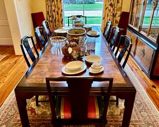 This dining set (table, 6 side chairs, 2 arm chairs, 2 table leaves with storage bags, custom tabletop pad set, plus the Buffet with hutch) is all from the Chin Hua Collection by Century Furniture. It’s striking!!