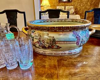 This Oriental foot bath is HUGE, at 18 1/2” not including the handles! Porcelain, hand painted and gilt gold.