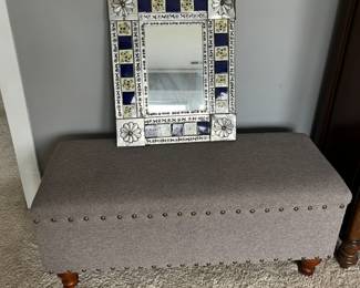 Very pretty tin and tile mirror, gray storage bench